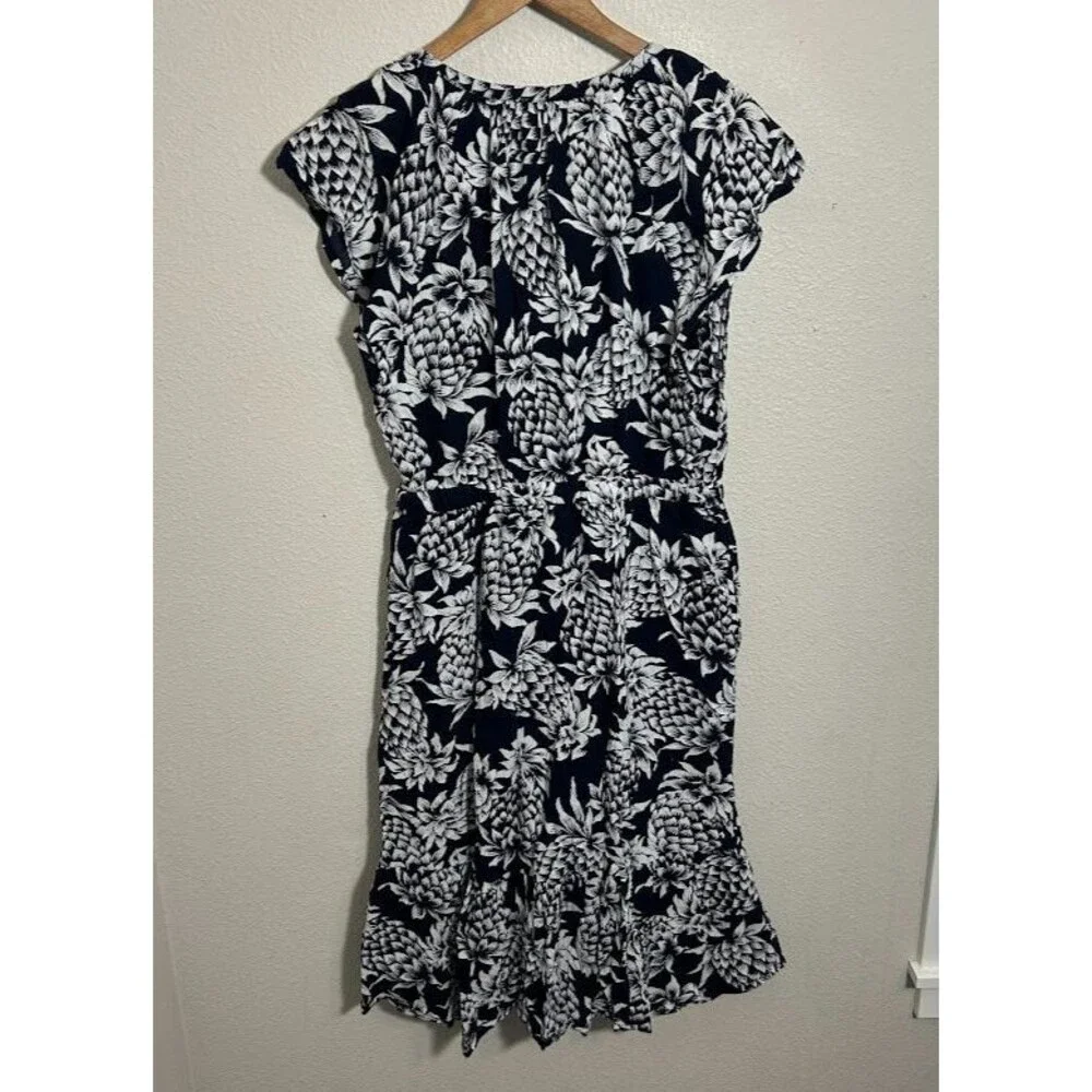 J.Crew Pineapple Print Cotton Midi Dress 6 Navy Blue Tiered Ruffle Vacation